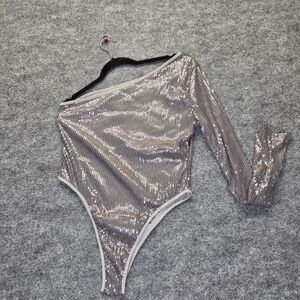 Bodysuit Womens Medium Silver Sequin One Shoulder Long Sleeve High Leg Party